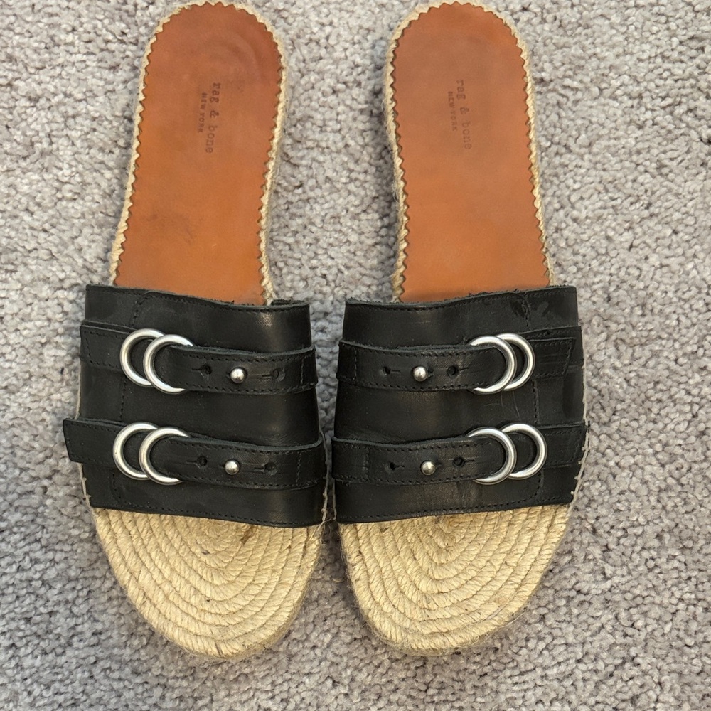 Rag & Bone Black Leather Espadrille Slide Sandals